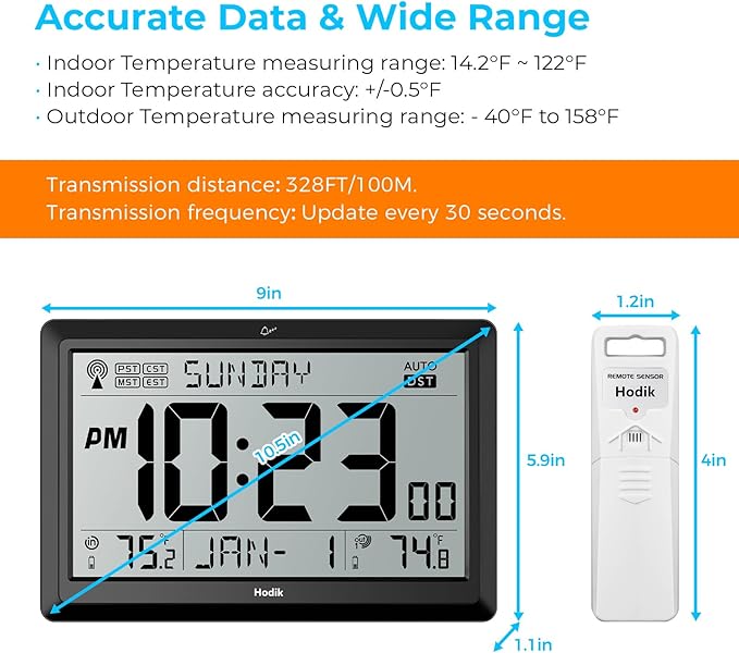 HODIK Wall Clock Atomic with Indoor Outdoor Temperature Battery Powered, Easy Reading with 10.5 Inch LCD Display, 330FT Range Table Wall Clock with DST, 12/24 Hour for Living Room Kicthen (Black)