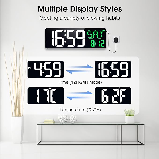 17 Inch Digital Wall Clock Large Display Bluetooth Sync Time, Auto-Dimming Large Digital Wall Clock with Remote, Date/Week/Temperature/DST, Plug-in Digital Clock for All Spaces Use, Gift