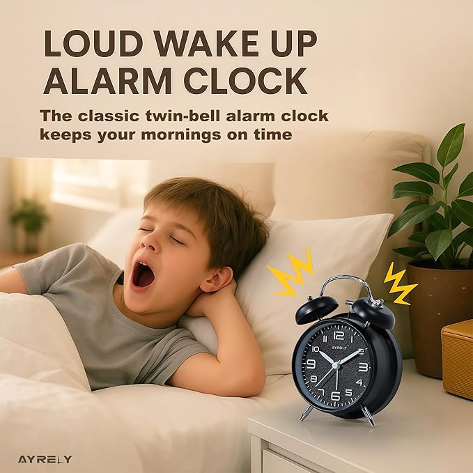 AYRELY® Super Loud Twin Bell Alarm Clock for Heavy Sleepers Adults, 4-Inch Retro Silent Non-Ticking with Night-Light, 3D Raised Number Dial, Battery Operated for Bedroom Bedside(3D Dial – Black)