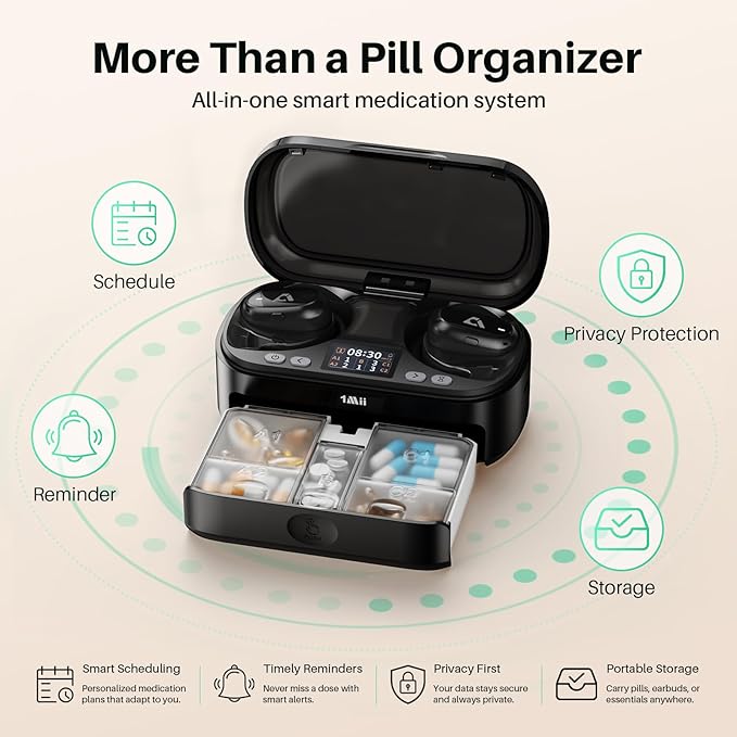 1Mii Smart Pill Dispenser with Alarm 5 Daily Reminders App Alerts Travel Pill Box with Bluetooth Headphones