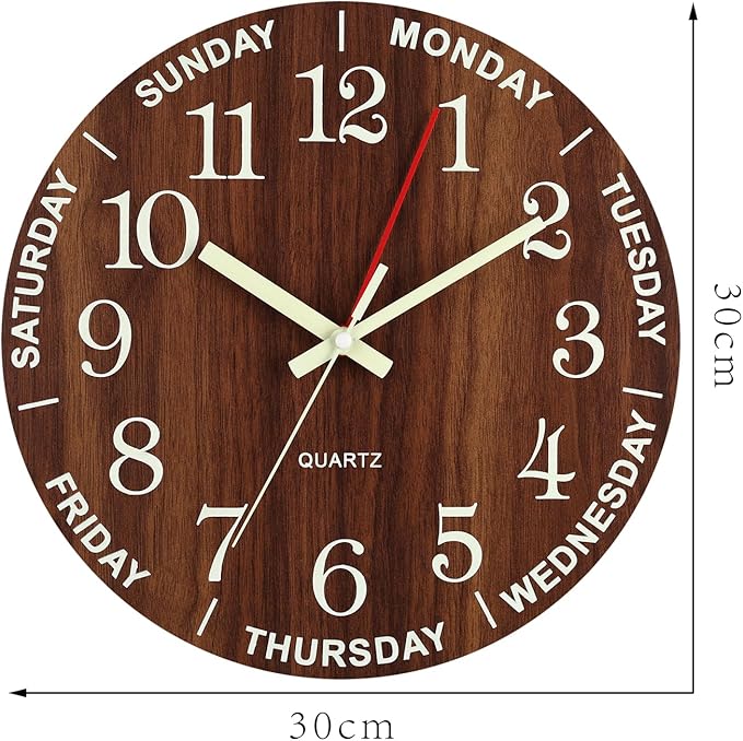 Wall Clock 12 Inch Brown Weekly Wall Clock Silent Battery Operated Luminous Hands Retirement Elderly Wooden Glow in The Dark Clock