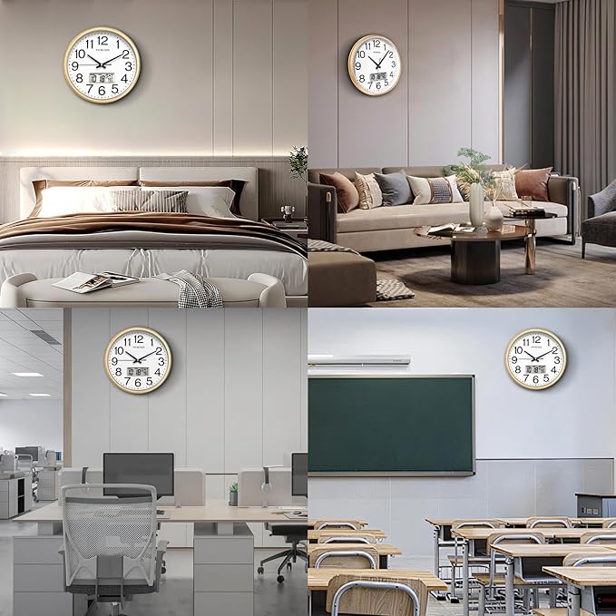 TIMESS Wall Clock, 13 Inch Non-Ticking Silent Battery Operated Quartz Analog with LCD Display for Perpetual Calendar and F° Temperature, Ideal Modern Home, Bedroom, Kitchen, Office Decor (Gold)