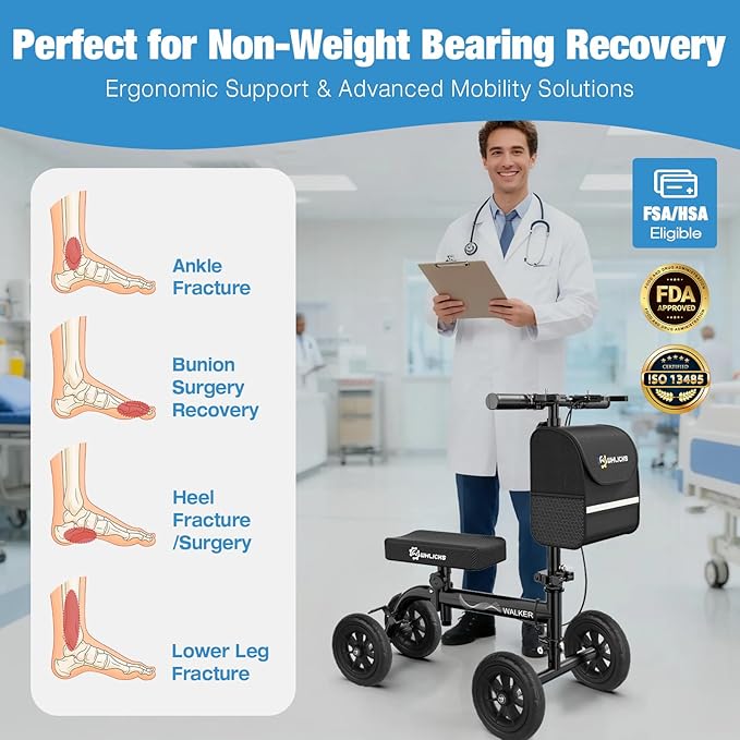 WHLICKS All Terrain Knee Scooter for Adults for Foot Surgery, Foldable & Steerable Knee Walker with PU Wheels, Medical Knee Scooter for Broken Foot Injured, Lightweight Leg Scooter for Broken Ankle