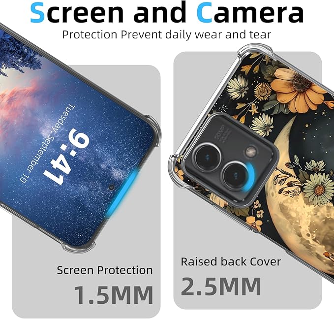 for Motorola G Stylus 5G 2023 Clear Phone Case, Lightweight Transparent TPU, Floral Moon Shockproof Four Corner Anti-Fall Case 6.6" for Moto G Stylus 5G 2023, Screen Protector Film