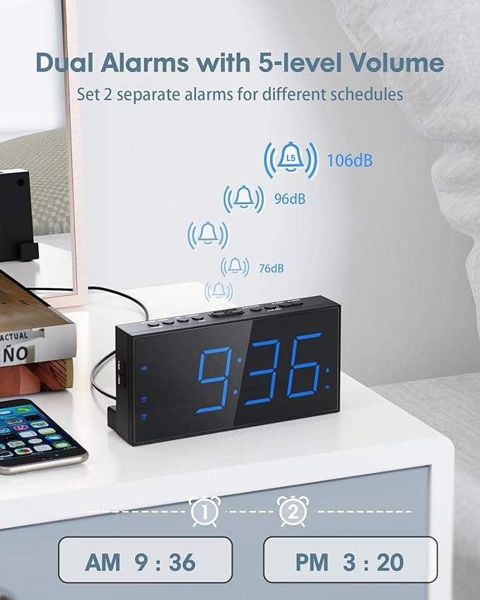 Roxicosly Loud Alarm Clock with Bed Shaker, Vibrating Alarm Clock for Heavy Sleepers/Hard of Hearing/Deaf,Dual Alarms, 7.5’’ Large LED Display, Dimmer, USB Charging Port, Plug-in with Memory Function