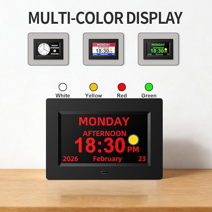 7 Inch Digital Calendar Clock for Seniors, Extra Large Display with Non-Abbreviated Day & Month, Auto-Dimming & Medication Reminders for Vision Impaired (Black)