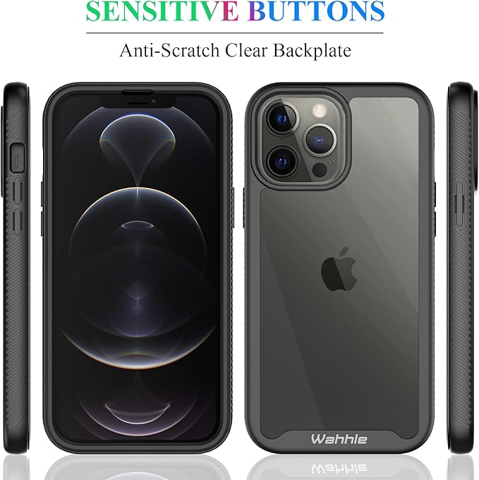 wahhle Compatible with iPhone 12 Pro Max Case, Built in Screen Protector Full Body Shockproof Slim Fit Bumper Protective Phone Cover 6.7'' Men Women-Black/Clear