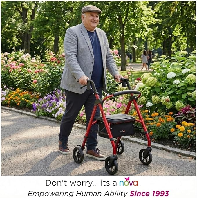 NOVA Star DX Heavy Duty Bariatric Rollator Walker, Wide Padded Seat, 450 lb Capacity, 8” Rugged All-Terrain Wheels, Easy-Grip Locking Hand Brakes, Fold Lock, Height Adjustable, Red