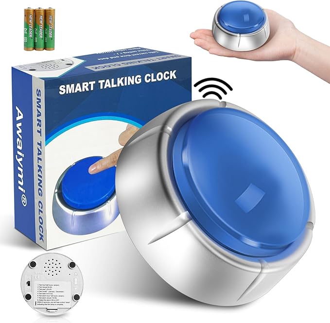 Talking Button Clock, Talking Alarm Clock with Volume Control, Telling Time and Day of The Week, Alarm, Gift Clock for Mother,Father,Seniors,Elderly,Blind People, Blue