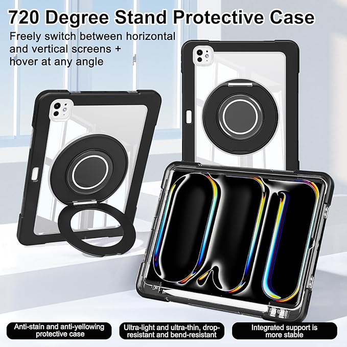 Dteck for iPad Pro 11 inch (M4/M5) 2024/2025 Release Shockproof Clear Case with Stylus Pencil Holder/Rotating Kickstand/Swivel Handle, Lightweight Protective Slim Transparent Tablet Cover Shell, Black