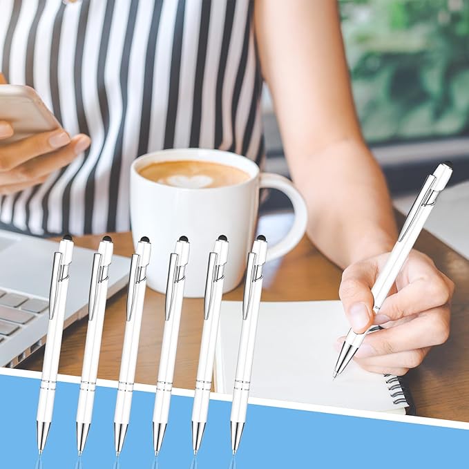 24 Pcs Blue Ink Ballpoint Pen with Stylus Tip 2 in 1 Ballpoint Pen 1.0 mm Blue Ink Metal Stylus Pen for Touch Screens Coworkers, Family, Colleagues, Office (White)