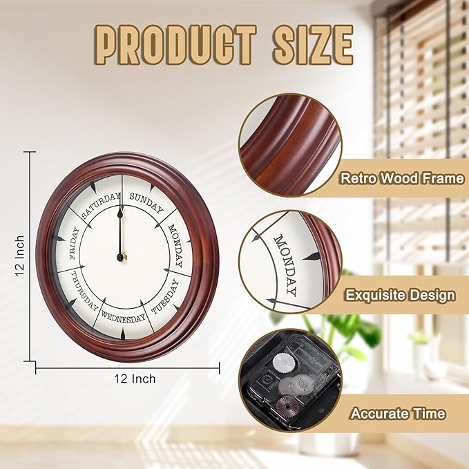 Day of The Week Clock Retirement Wall Clock with Wood Frame Day Wall Clock for Men Women (Dark Reddish Brown, 12 Inch)