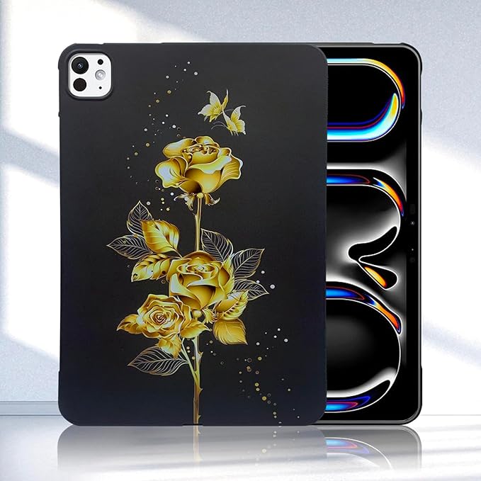 Dteck for iPad Pro 13 Inch (M4/M5) Ultra Thin Case 2024/2025 Release, Cute Cartoon Lightweight Soft Silicone TPU Slim Tablet Cover, Protective Shockproof Scratch Resistant Shell, Gold Rose Flower