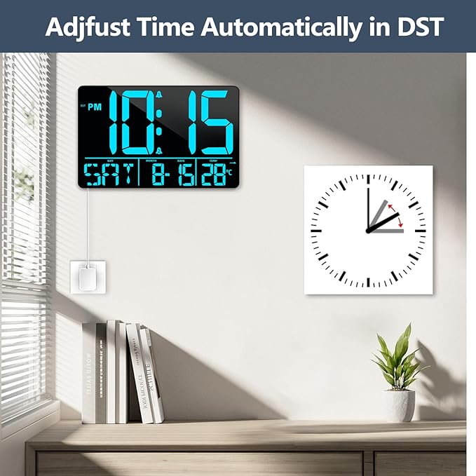 PERSUPER 13" Digital Wall Clock Large Display with Remote, 25 Ringtones, Temperature, Calendar, 0-100% Auto or Custom Brightness, 12/24H, DST, Timer, for Living Room, Kitchen, Bedroom, Elderly（Blue）