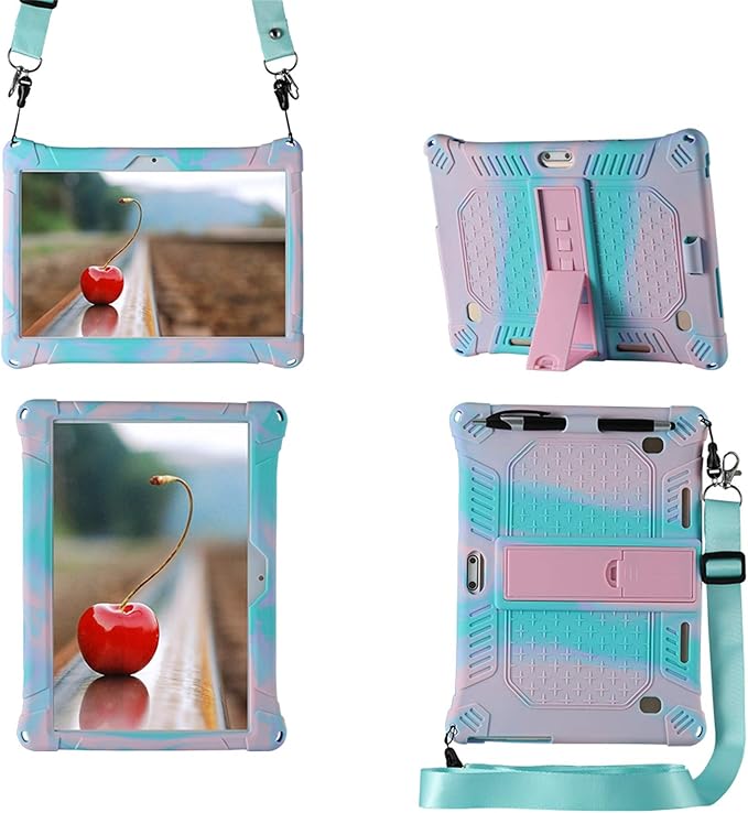 DETUOSI Case for YELLYOUTH 10.1 Tablet, Soft Silicone Lightweight Case Compatible with Dragon Touch Notepad K10, ZONKO 10.1, Beyond Tab 10.1, with Stylus Pen and Shoulder Strap, Pink & Mint Green