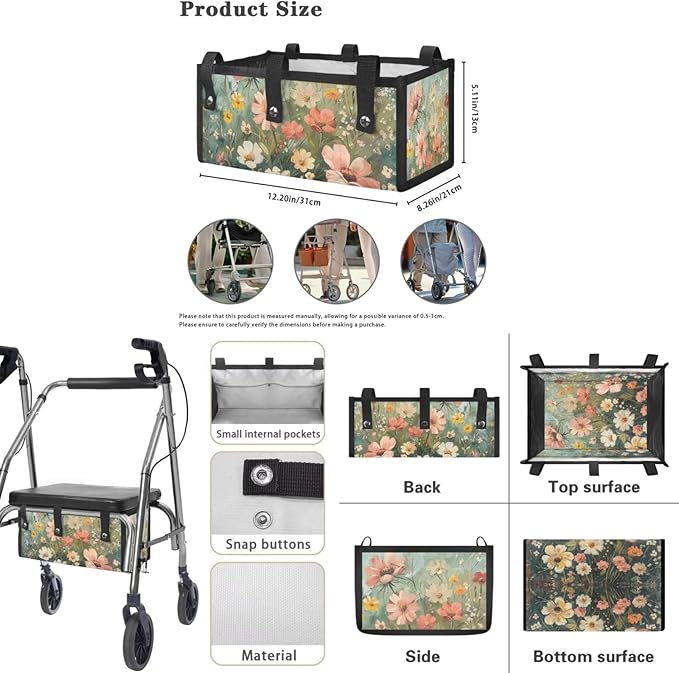 3 Pcs Sets Universal Fit Walker Seat Cover Rollator Walker Seat & Backrest Covers, Wildfloral Rollator Storage Under Seat Bag, Easy to Install Washable Reusable
