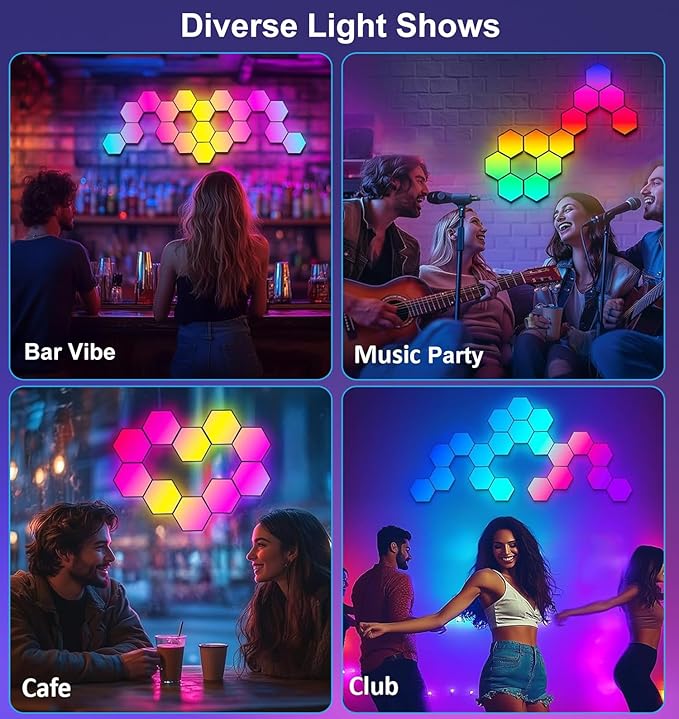 Hexagon LED Lights for Gaming Room 14 DIY Panels Voice App Control Music Sync Wall Decor