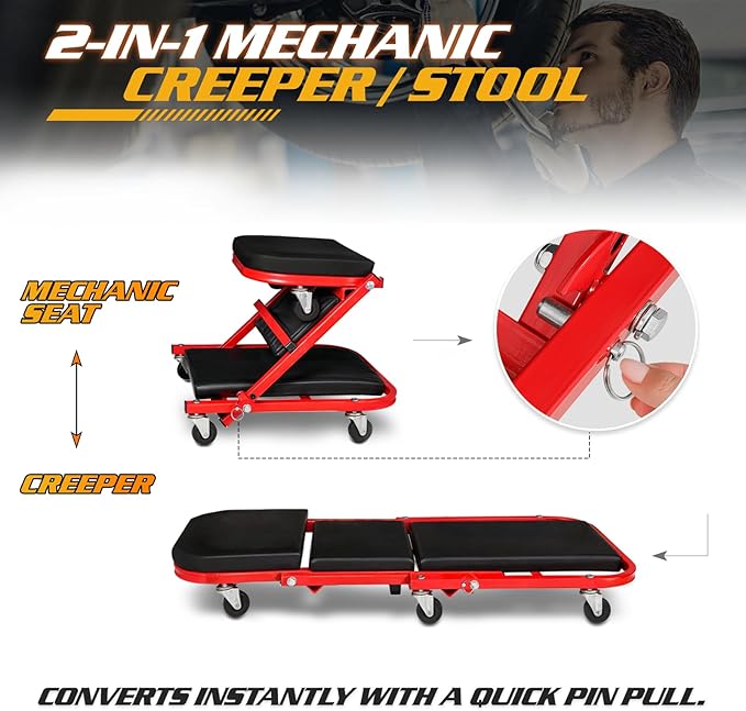 Magshion 36" Triplex Folding Creeper 2-in-1 Garage Foldable Creeper and Seat, Low Profile Mechanic Creeper with 6 Caster Wheels - 330 lbs Capacity (Red)