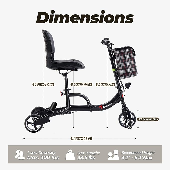 3 Wheel Mobility Scooters for Adults, Upgrade Anti-Tip Footrests 250W 36V 5.2AH 13 Mile Range Foldable Mobility Scooter for Seniors, Supports 300 lbs