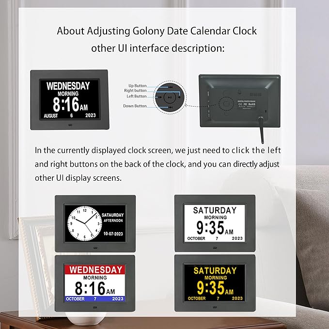 7-Inch Digital Alarm Clock. Displays Time,Day and Month.Features 12 Alarm Settings and 3 Display Modes.Suitable for Elderly Individuals,Those with Memory Impairment or Dementia.Black.