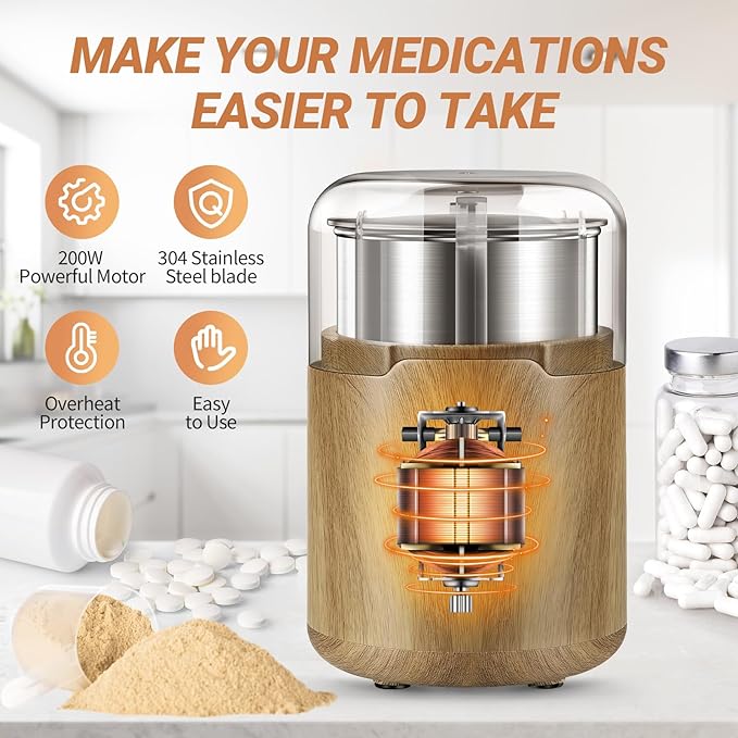 COOL KNIGHT Electric Pill Crusher, 150W 110V Corded Pill Grinder, Tablet Pulverizer for Small and Large Meds and Vitamins, 304 Stainless Steel Cup and Blades, Lid Seal to Reduce Mess, M150H