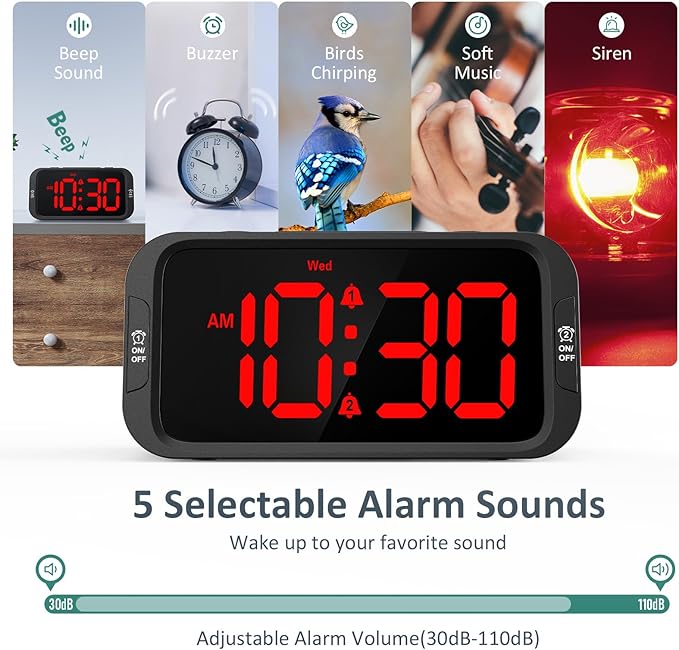 Odokee Digital Dual Alarm Clock for Bedroom, Easy to Set, 0-100% Dimmer, USB Charger, 5 Sounds Adjustable Volume, Weekday/Weekend Mode, Snooze, 12/24Hr, Battery Backup, Compact Clock for Bedside(Red)