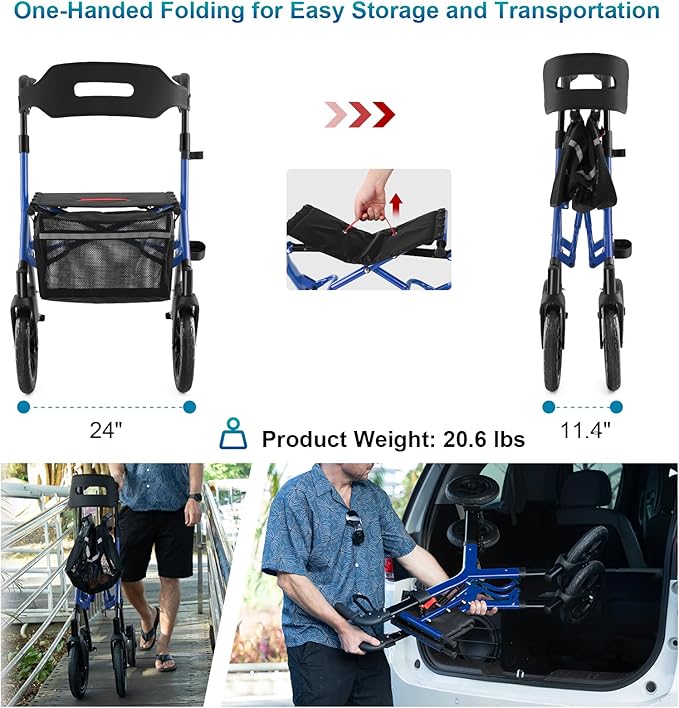 MAXWALK Rollator Walker with Seat, Tall Walkers for Seniors, 12" Big Rubber Wheels All Terrain Rollator Walker with Backrest, Built-in Cable, Foldable and Dual Adjustable Height for 5.3-7ft, Blue