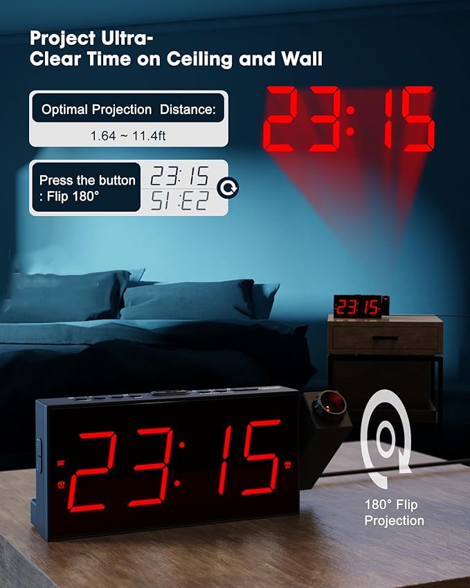 OnLyee Projection Alarm Clock for Bedroom,LED Digital Clock on Ceiling Wall with USB Phone Charging,Battery Backup,180° Rotatable Projector& Dimmer,12/24H,DST,Snooze,Dual Loud Bedside Heavy Sleeper