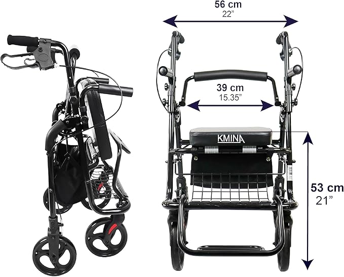 KMINA 2 in 1 Rollator Walker Wheelchair Combo for Smooth Terrain, Foldable Aluminum Rollator with Footrests and Pressure Brakes, Convertible to a Transport Chair, Black