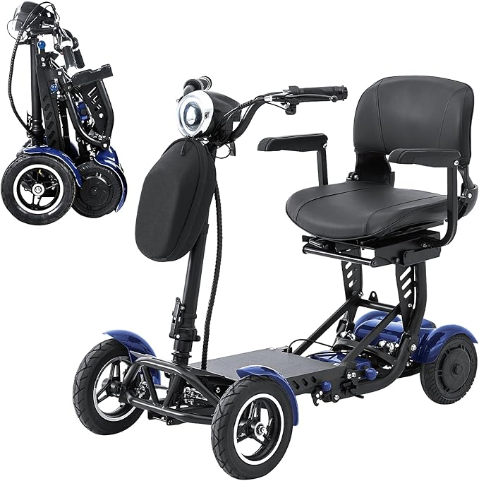 All-Terrain 4-Wheel Foldable Electric Scooter Lightweight Folding Mobility Scooter for Adults & Seniors, 25Miles Long Range, 15.6AH Lithium Battery, 3-Speed Mode, Max Load 300lbs (Standard Blue)