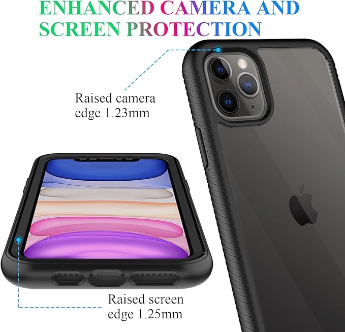 wahhle Compatible with iPhone 11 Pro Max Case, Built in Screen Protector Full Body Shockproof Slim Fit Bumper Protective Phone Cover 6.5'' Men Women-Black/Clear
