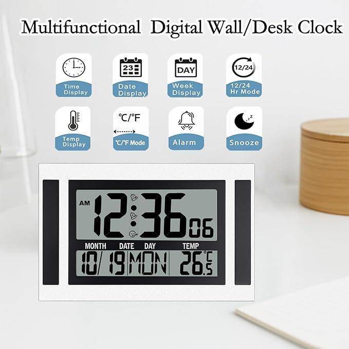 11.5" Large Display Digital Wall Clock Battery Operated with Big Numbers,Desk Clocks with Time Date Temperature, 2 Alarms with Snooze, Easy to Use for Bedroom, Living Room, Office,Gift for Elderly