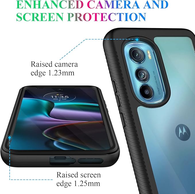wahhle Compatible with Motorola Edge 2022 Case, Built in Screen Protector Full Body Shockproof Slim Fit Bumper Protective Phone Cover for Edge 5G UW 2022 Men Women-Black/Clear [Not for Edge Plus]