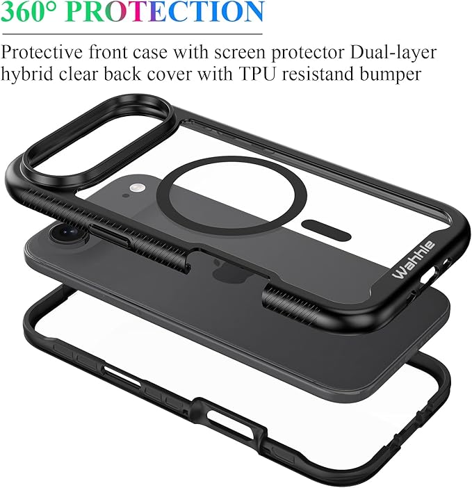 wahhle Case Compatible with iPhone 17 Air, Built in Screen Protector Full Body Shockproof Slim Fit Bumper Protective Phone Cover Men Women 6.5“-Black/Clear