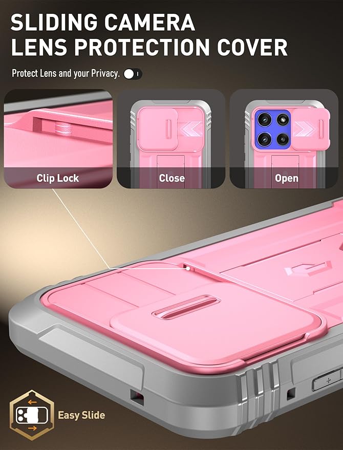 Poetic Revolution Case for Motorola Moto G Stylus 5G 2025, [Slide Camera Cover] [Screen Protector Works with Fingerprint ID] Military Grade Rugged Shockproof Phone Case with Built in Kickstand, Pink