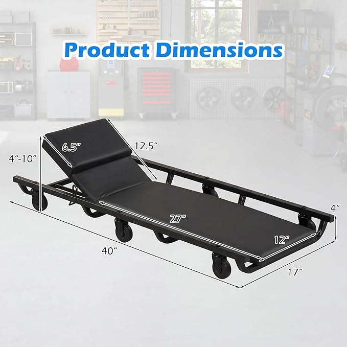 Goplus 40 Inch Rolling Creeper, Padded Mechanic Cart with Adjustable Backrest & Headrest, Heavy-Duty Automotive Rolling Creeper with 6 Swivel Casters for Garage, Repair Shop, DIY