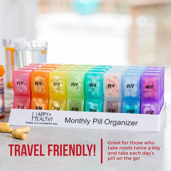 Pill Organizer Monthly - 31 Day Am/Pm Daily 32 Pill Cases for Each Day, Organizer Box for Vitamins, Medicine and Medication