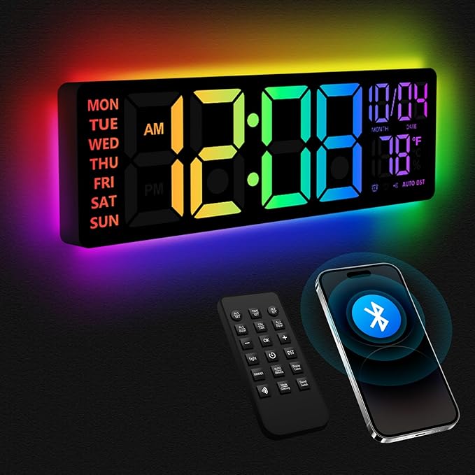 16" Digital Wall Clock with Night Light, Digital Clock with RGB Colors Changing Remote Control, Dual Alarm, Dimmer, Auto DST, Voice Control, Auto Time Sync, Clocks for Living Room, Gift for Elderly