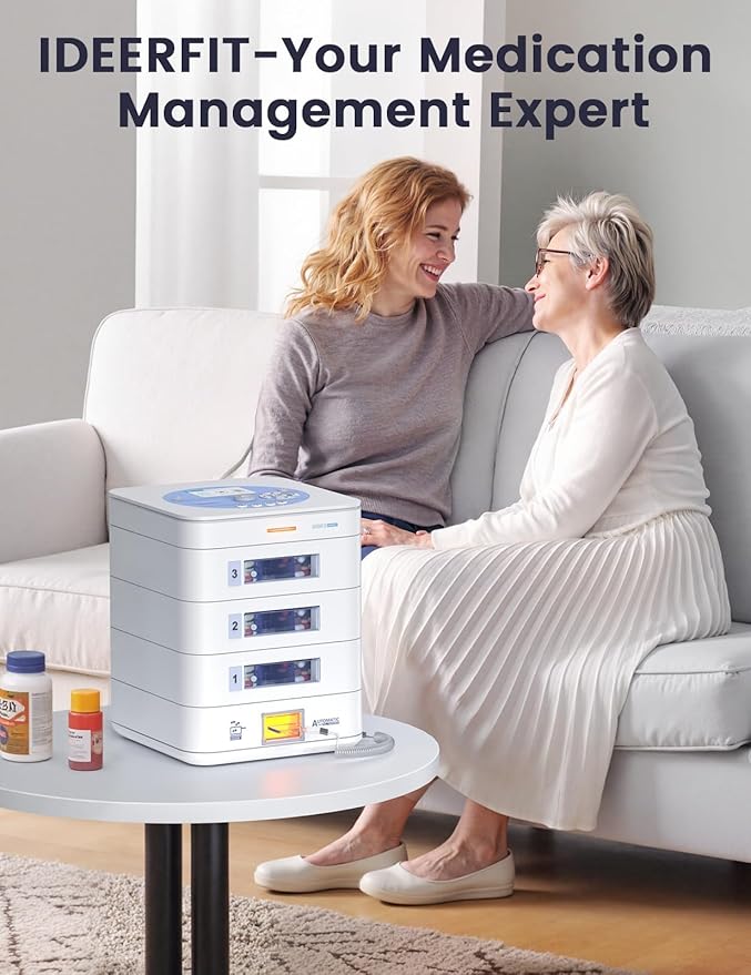 56-Day(1X) Automatic Pill Dispenser (Expandable Tray) – App & On-Device Setup by Family, LCD Display, Digital Lock, Sound & Light Alerts –Safe Medication Organizer for Dementia Seniors (4-Tray, White)