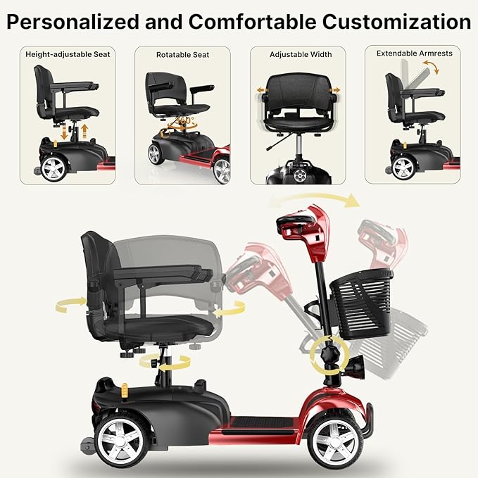 iScooter 4 Wheels Mobility Scooter, Up to 300LBS Mobility Scooter for Seniors & Adults, Foldable Electric Wheelchair Device, LED Headlight, Basket, Cup Holder,Long Range,USB Charging