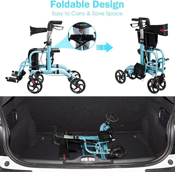 GOPLUS 2 in 1 Rollator Walkers for Seniors, Folding Rollator Walker with Seat, 8-inch Wheel Medical Drive Walker Wheelchair Combo with Backrest, Adjustable Handle for Adults, Aluminium Frame