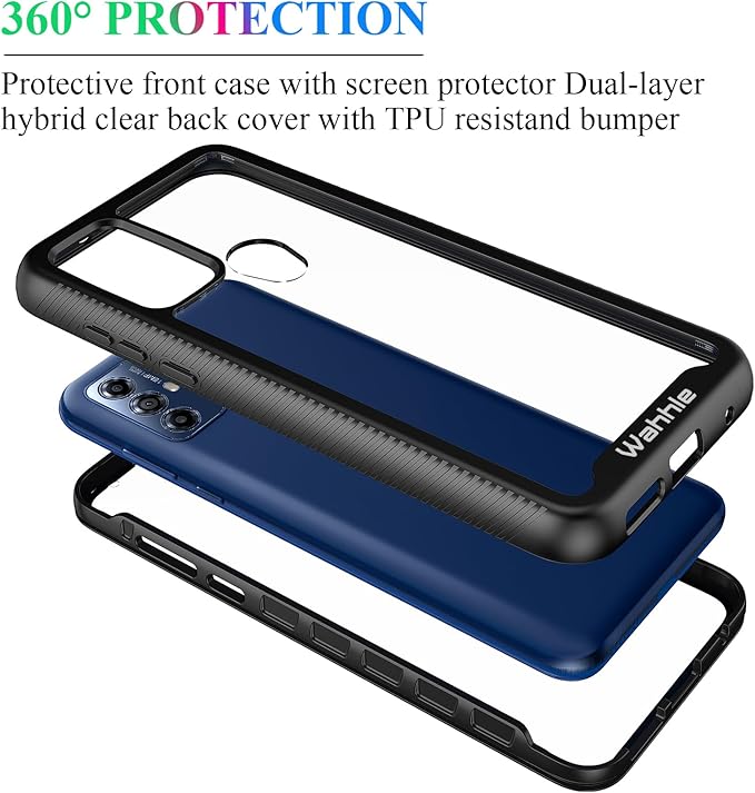 Wahhle Compatible with Moto G Play 2023, G Power 2022, G Pure Case - Full Body Screen Protector, Shockproof Slim Fit Bumper Phone Cover - Black/Clear