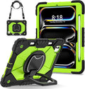 Dteck for iPad Pro 11 inch (M4/M5) 2024/2025 Release Shockproof Case with Shoulder Strap/Pencil Holder/Rotating Kickstand Handle, Heavy-Duty Sturdy Rugged Cover, Protective Tablet Shell, Black Green