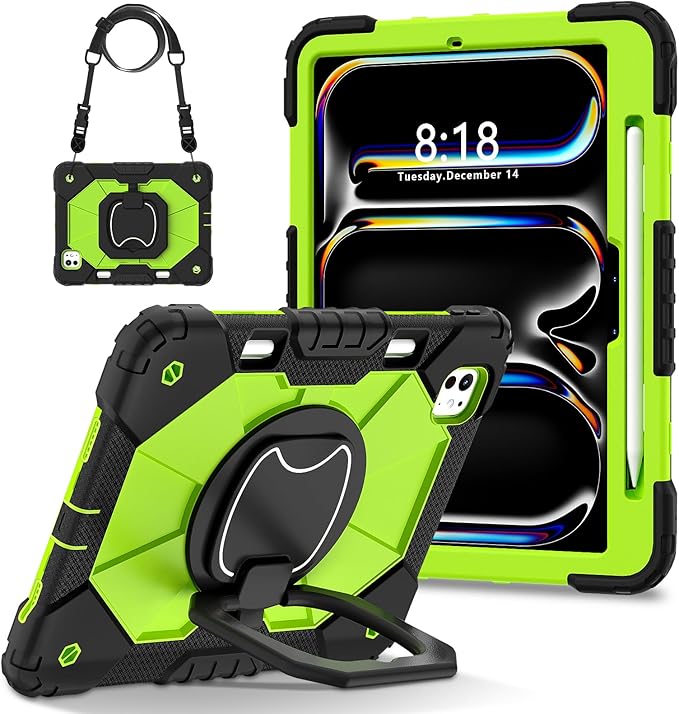 Dteck for iPad Pro 11 inch (M4/M5) 2024/2025 Release Shockproof Case with Shoulder Strap/Pencil Holder/Rotating Kickstand Handle, Heavy-Duty Sturdy Rugged Cover, Protective Tablet Shell, Black Green