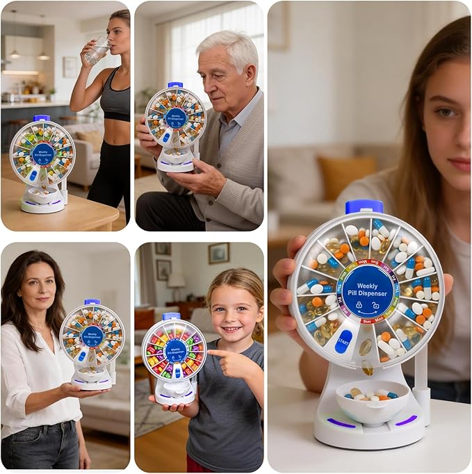 Standing Daily Pill Dispenser 14-Day Organizer - One-Touch Button with Child Lock,Weekly Pill Organizer Vitamin Medicine Case with Tweezer for Seniors, Caregivers, Adults