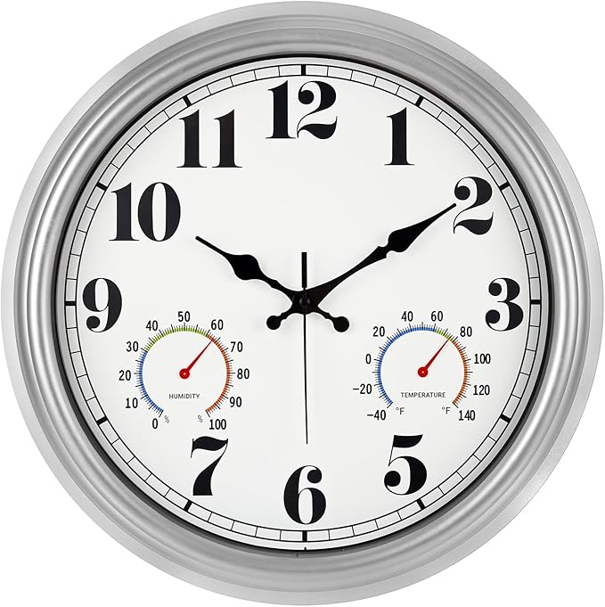 JENLYSTIME 16 Inch Silver Vintage Waterproof Indoor/Outdoor wall Clock with Thermometer & Hygrometer, Large Numerals & Silent Sweep Movement - Ideal for Porch, Garden, Pool