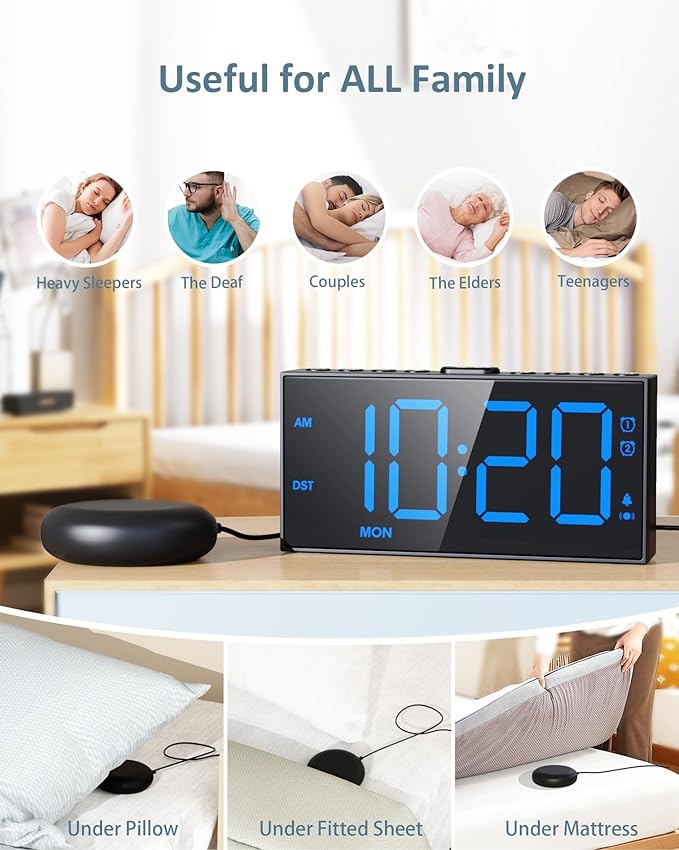 Roxicosly Vibrating Alarm Clock with Bed Shaker for Heavy Sleepers Adults, Dual Alarms for Weekday & Weekend, Large Display, Snooze, USB Charging Port, 12/24H DST