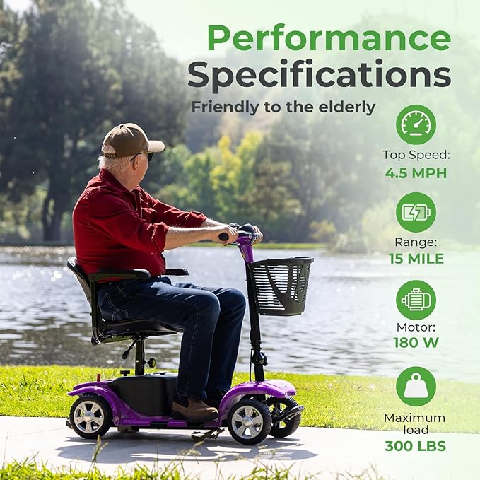 Mobility Scooter for Adults, 4 Wheels Lightweight Scooter, Foldable Mobility Scooter Long Range for Travel, Adults, Elderly, Supports 300 lbs, Powered Wheelchair with Charger & Basket (Purple)