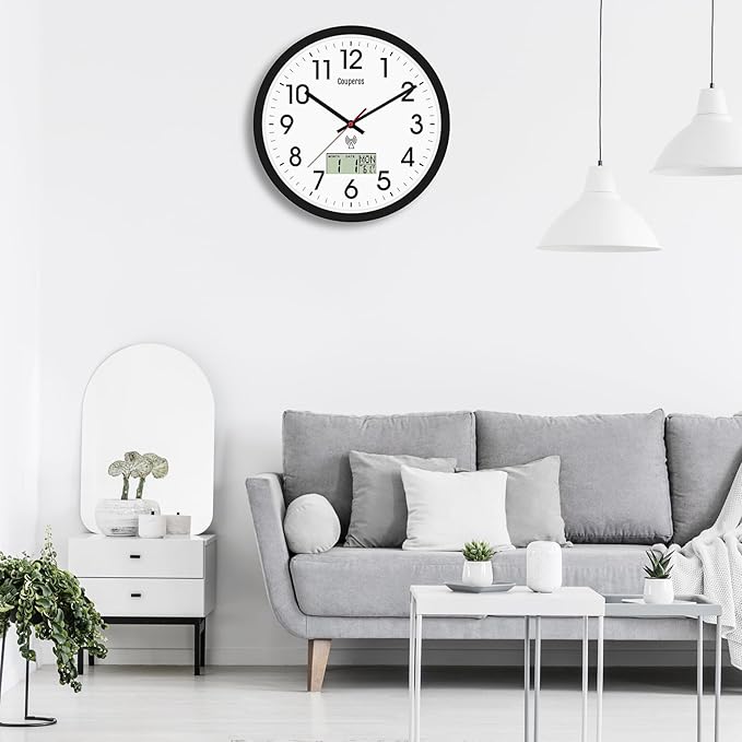 Atomic Wall Clock 12 Inch - Auto DST Modern Analog Battery Operated Silent Wall Clock with Temperature & Digital Calendar for Office Bedroom Kitchen, Round Non-Ticking Classroom & Garage Clock (Black)
