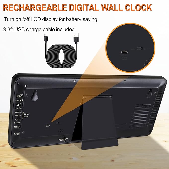 15 Inch Large Rechargeable Digital LCD Wall Clock with Backlight Glow in the Dark,Night Light Wall Clock with Week,Date & Temperature,DST,Alarm Display for Living Room, Bedroom, Gift for Elderly